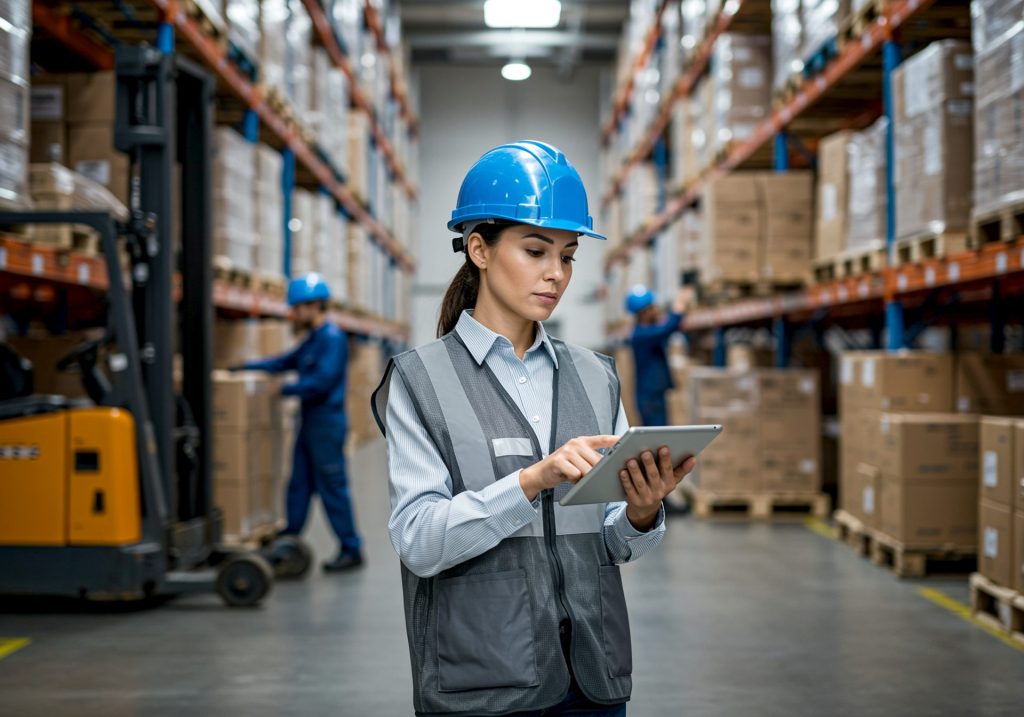 Woman using tablet in warehouse