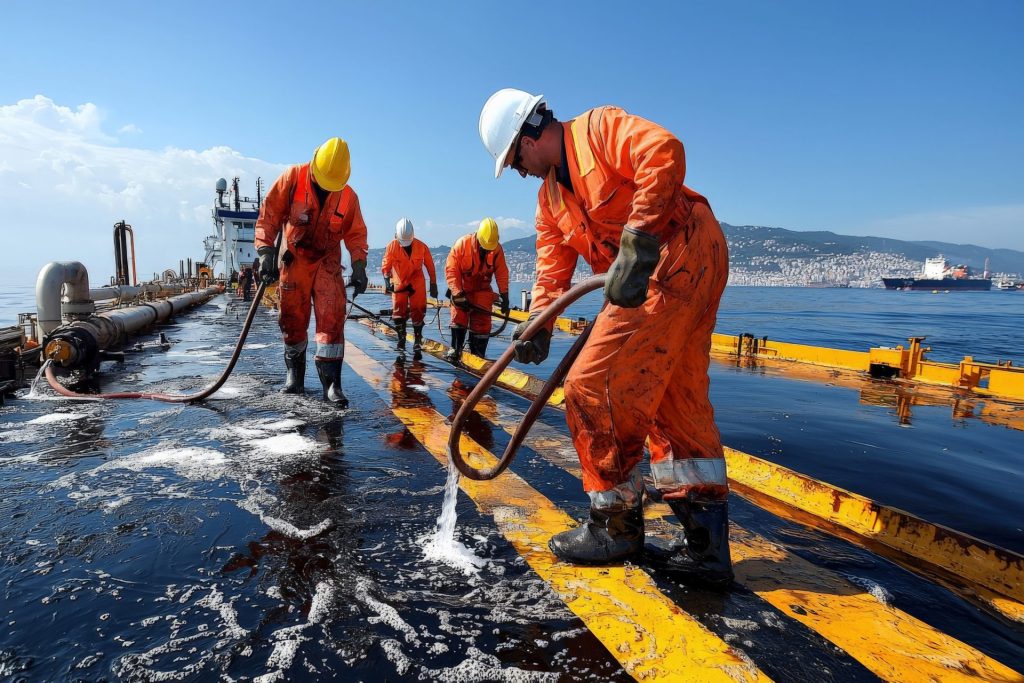 Workers cleaning oil spill